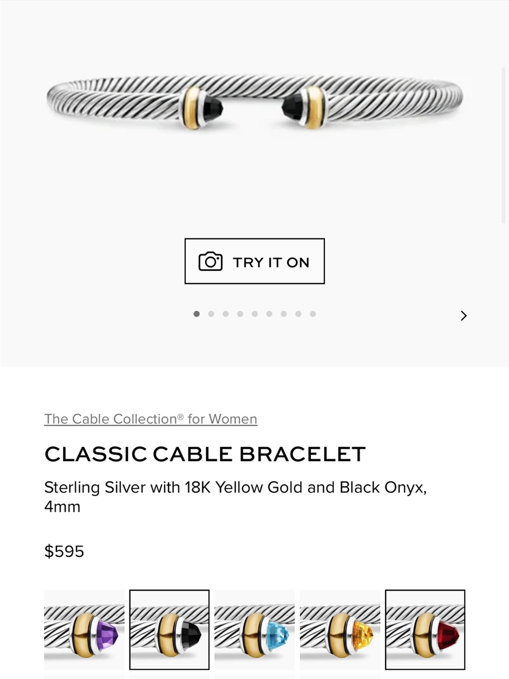 David Yurman Authentic Classic Cable Bracelet | 4mm | Medium | 18k Gold | Onyx - Picture 9 of 10